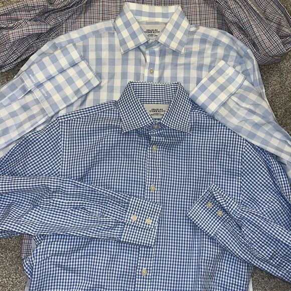 2-Charles Tyrwhitt Blue Gingham Check Plaid French Cuff & Standard Cuff Shirt M - Picture 1 of 7